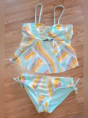 Pastel Stripe Tankini Girls Swim Set - Mint, Yellow, Pink Size Girls L 10/12